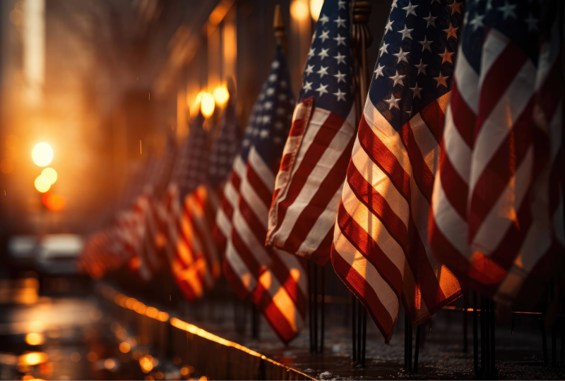 American flags in a cemetery